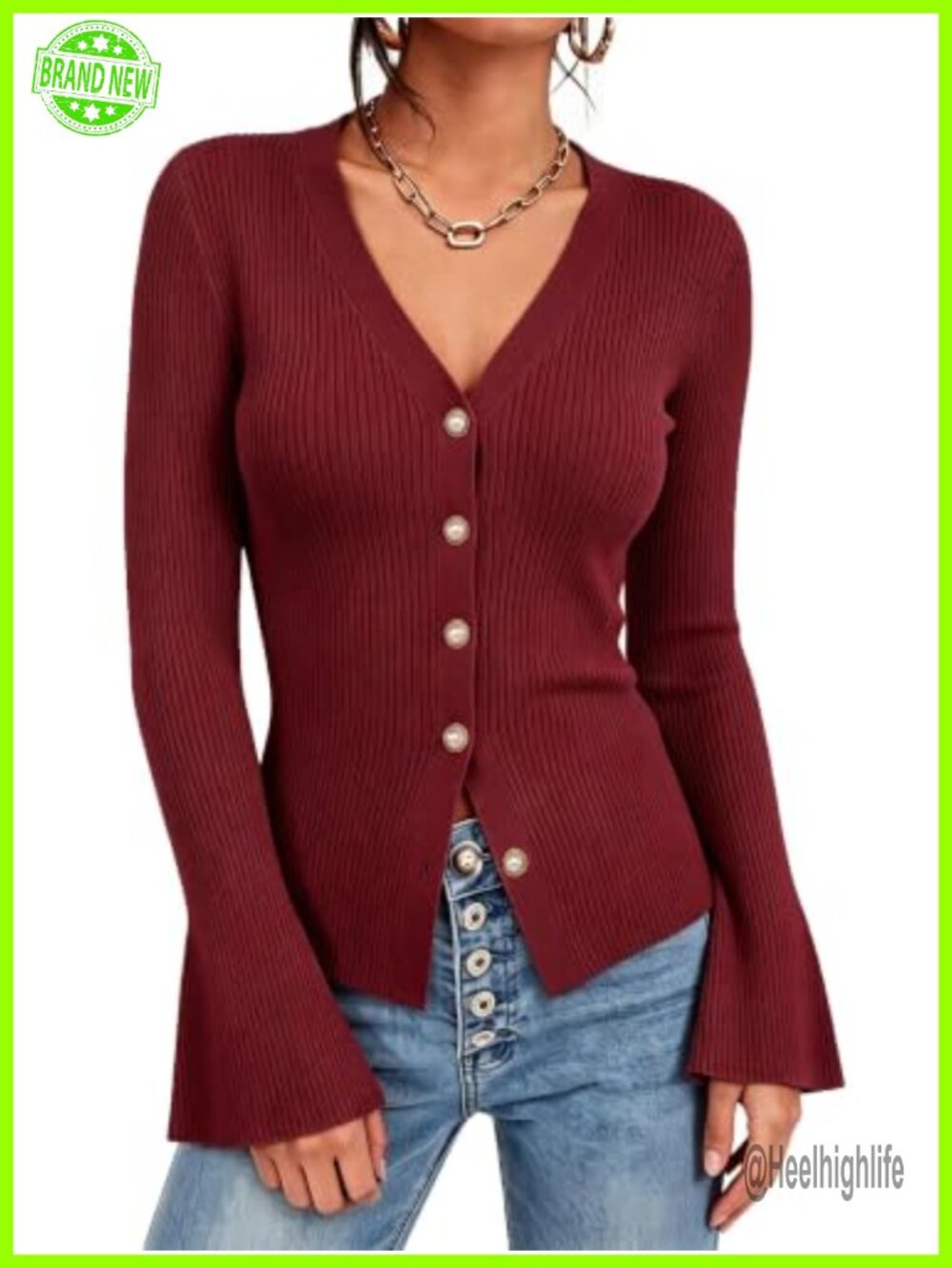 Ribbed Knit V-Neck Cardigan Sweater Pearl Button Bell Sleeve Fall